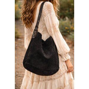 Black Suede Bucket Shoulder Bag Leather Strap Handmade Made by ICEKETI Minimalis